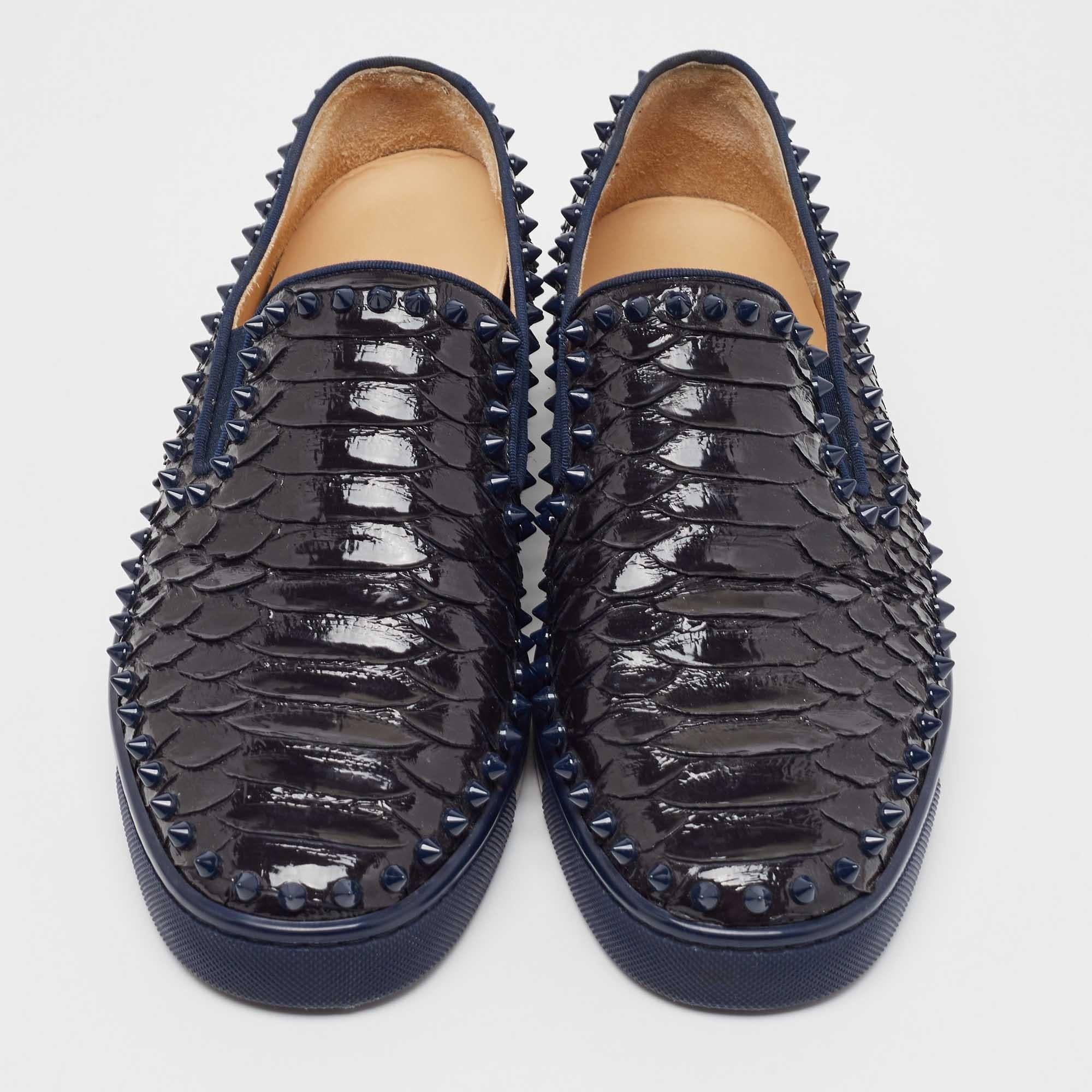 Women's Christian Louboutin Black/Navy Blue Python Spike Pik Boat Sneakers Size 41.5 For Sale
