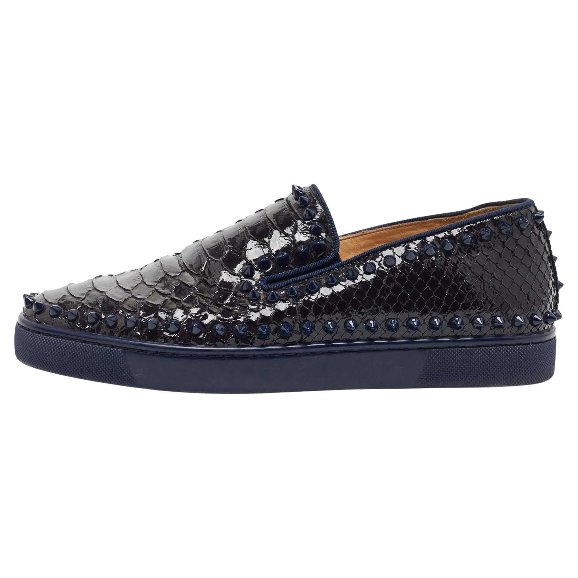 Christian Louboutin Black/Navy Blue Python Spike Pik Boat Sneakers Size 41.5 For Sale