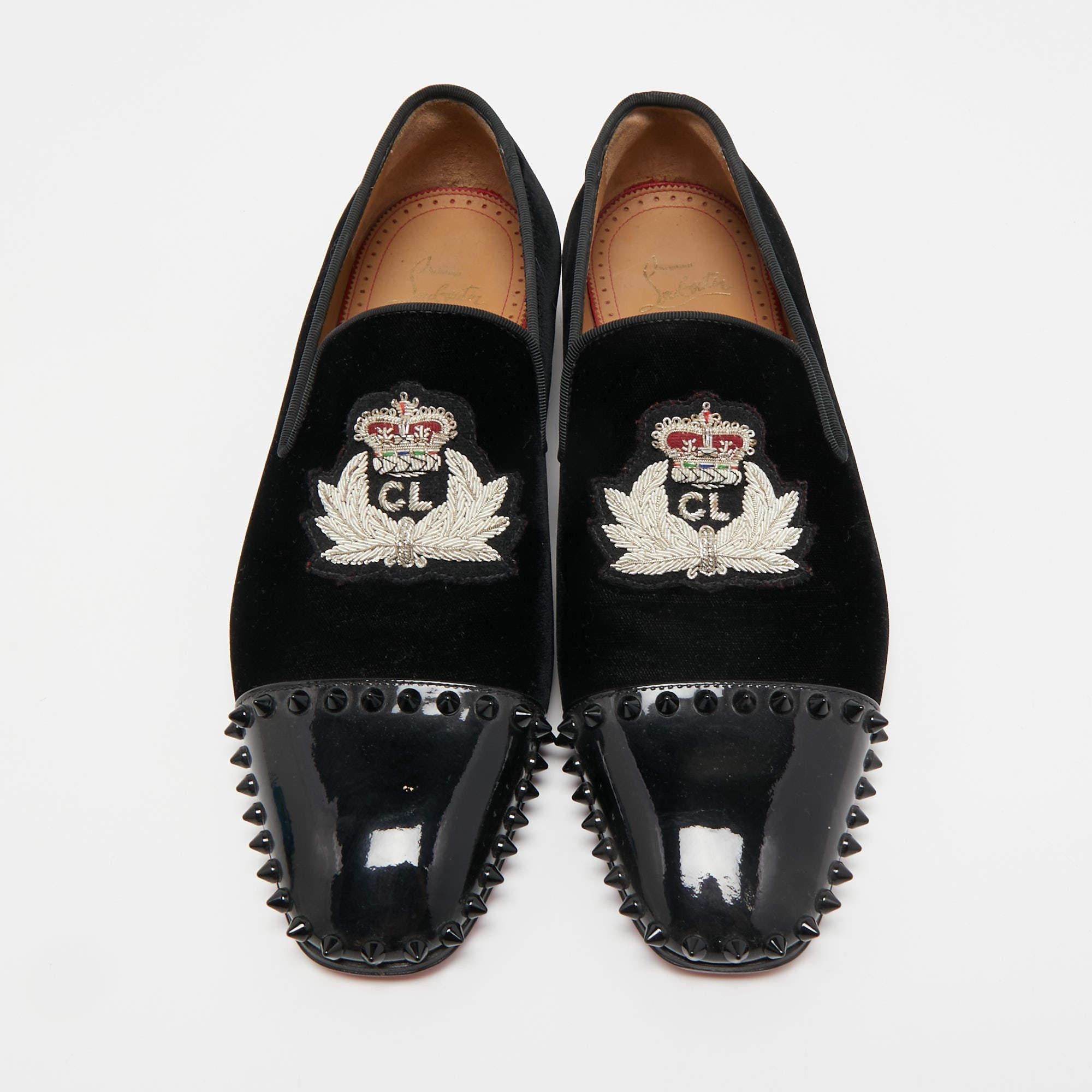 With these Christian Louboutin loafers, comfort and style are guaranteed. Crafted using velvet, they feature a black-navy blue hue and rest on durable soles.

Includes: The Luxury Closet Packaging, Extra Embellishment

