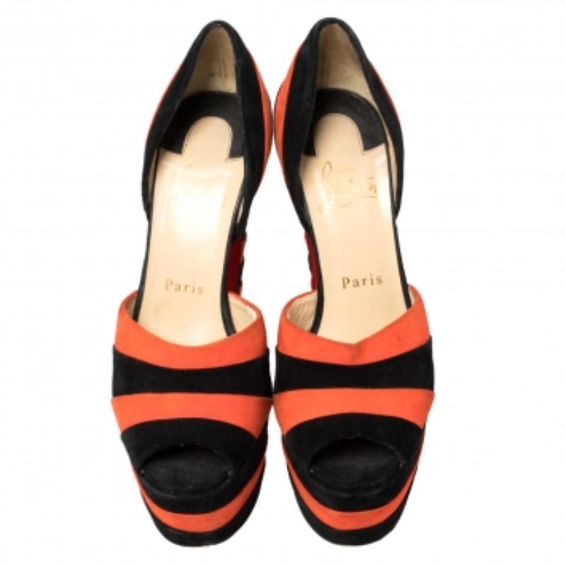 Christian Louboutin Black/Orange Suede Striped Platform Peep Toe Sandals Size 36 In Fair Condition For Sale In Dubai, Al Qouz 2
