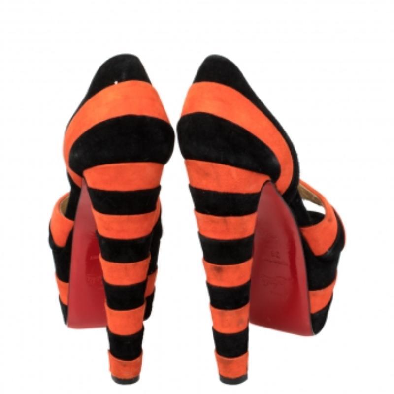 Christian Louboutin Black/Orange Suede Striped Platform Peep Toe Sandals Size 36 For Sale 4