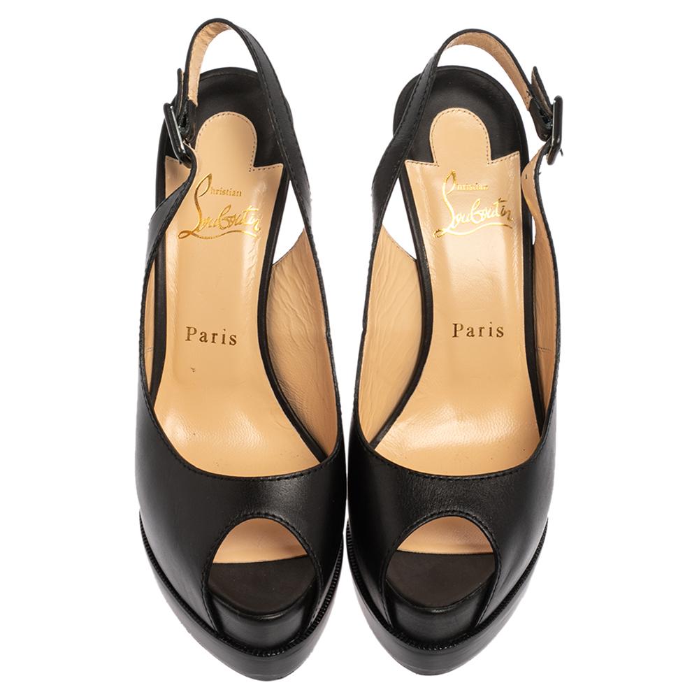 Crafted from black leather, this pair of pumps from the house of Christian Louboutin has been designed to add high fashion to your look. Platforms, peep-toes, slingbacks, and 14 cm heels make this pair a great choice to make a style statement. Grab