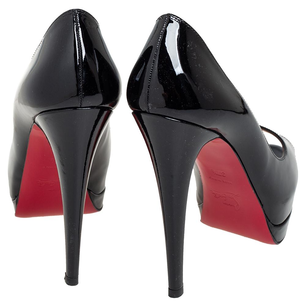 Women's or Men's Christian Louboutin Black Patent Altadama Platform Peep Toe Pumps Size 37.5