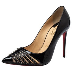 Christian Louboutin Black Patent And Leather Spiked Bareta Pumps Size 37