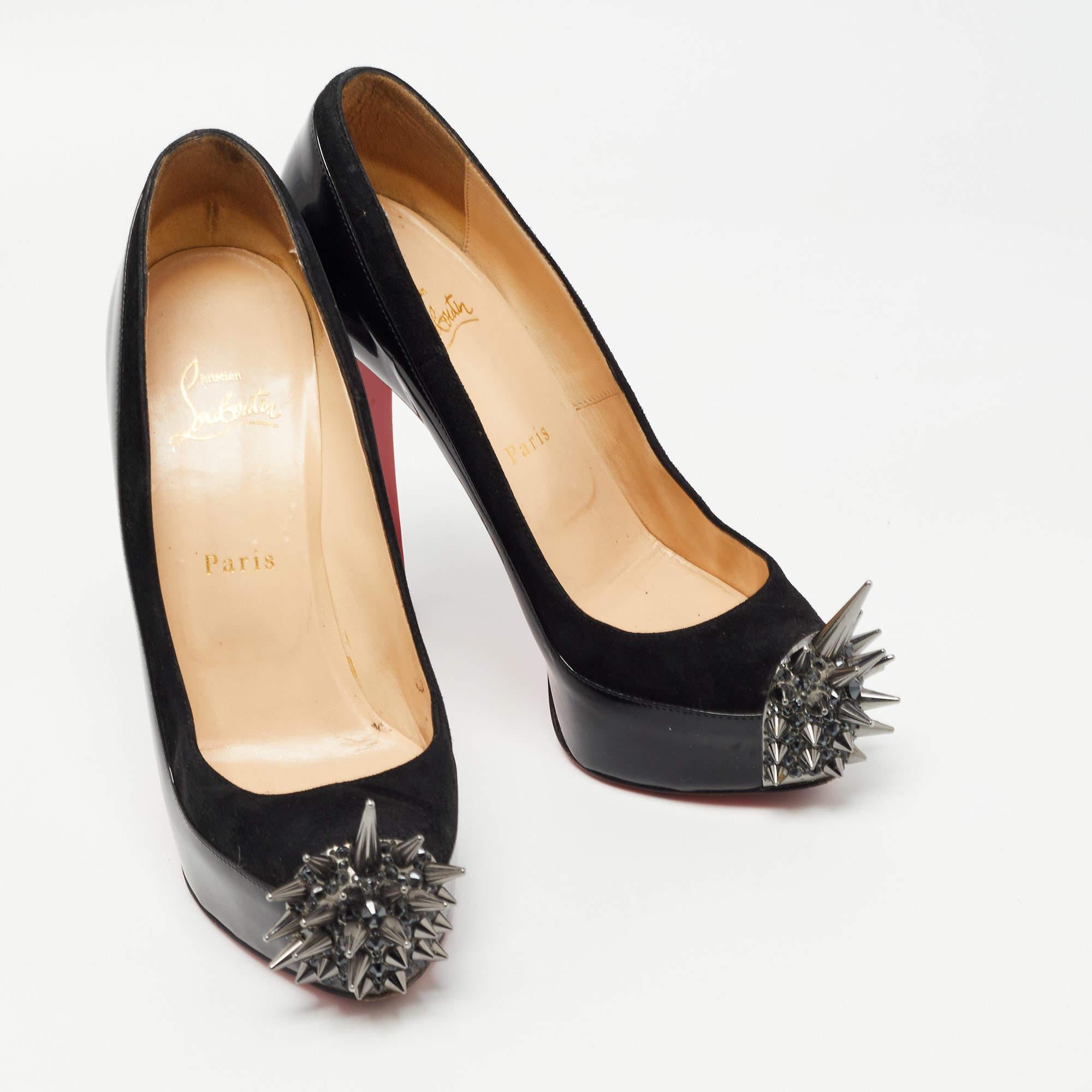Women's Christian Louboutin Black Patent and Suede Asteroid Pumps Size 38.5 For Sale