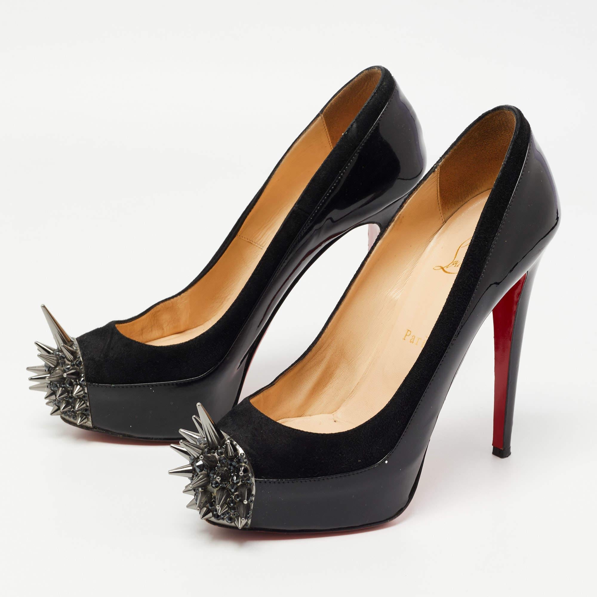 Christian Louboutin Black Patent and Suede Asteroid Pumps Size 38.5 For Sale 1