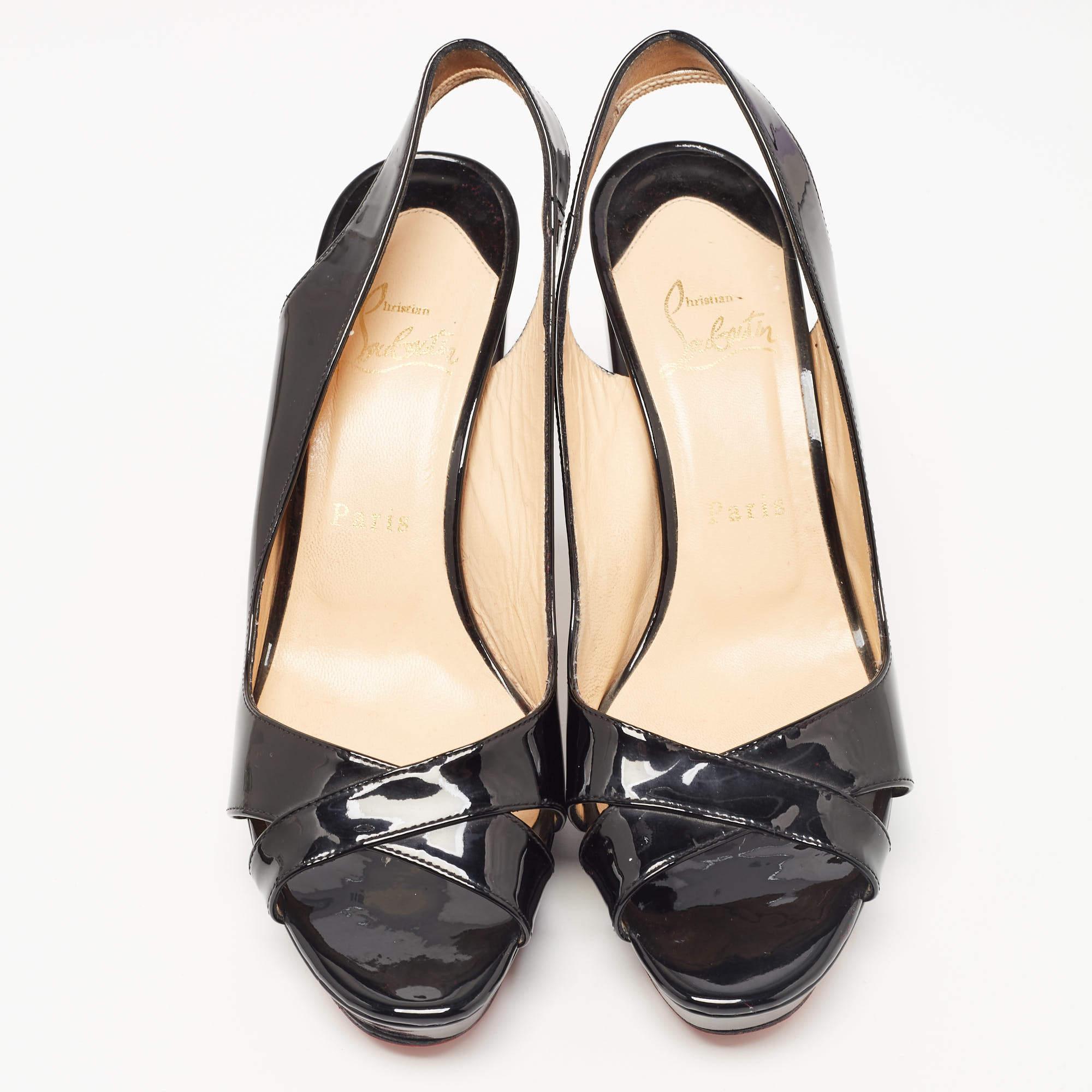 Women's Christian Louboutin Black Patent Crisscross Slingback Sandals Size 38 For Sale