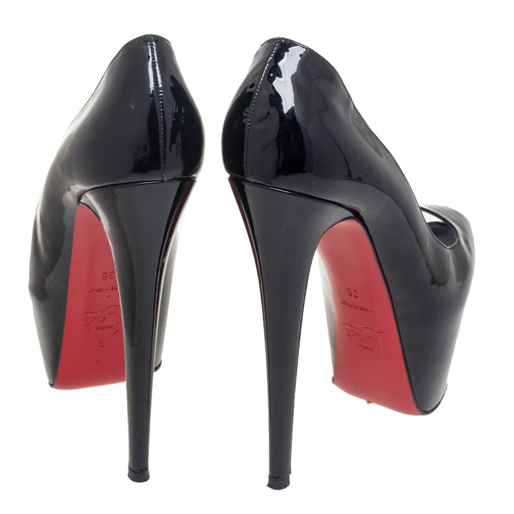 Women's Christian Louboutin Black Patent Daffodile Peep Toe Platform Pumps Size 38