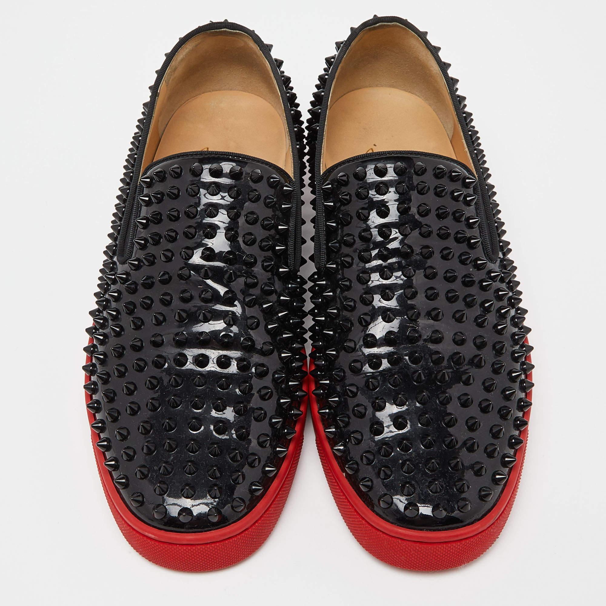 Christian Louboutin Black Patent Denim Roller Boat Spike Sneakers Size 42.5 In Excellent Condition In Dubai, Al Qouz 2