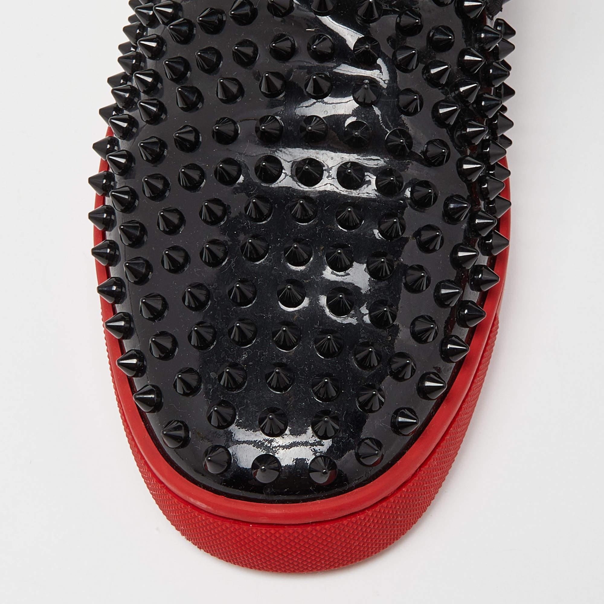 Women's Christian Louboutin Black Patent Denim Roller Boat Spike Sneakers Size 42.5