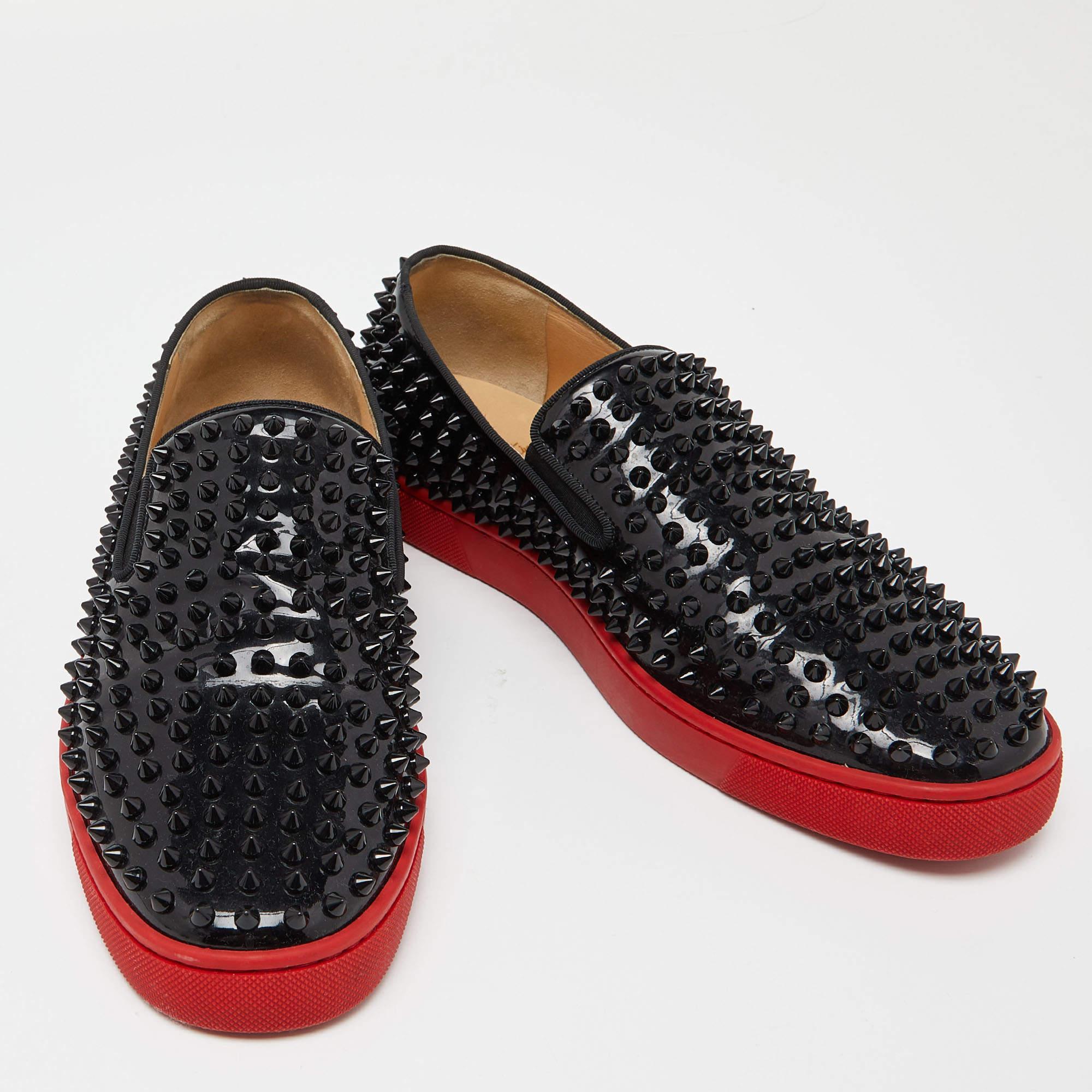 Christian Louboutin Black Patent Denim Roller Boat Spike Sneakers Size 42.5 1