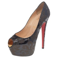 Christian Louboutin Black Patent Highness Arabesque Motif Peep Toe Size 38.5