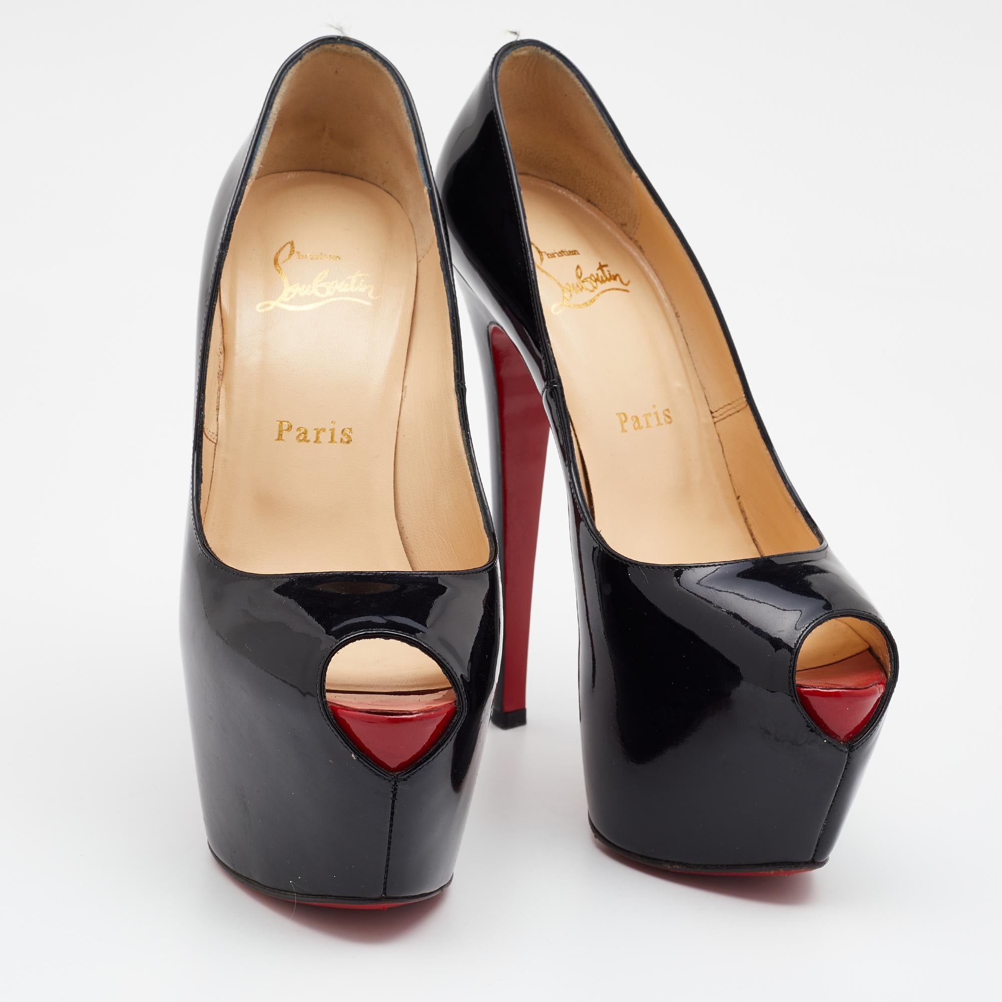 Christian Louboutin Black Patent Highness Peep Toe Platform Pumps Size 37 1