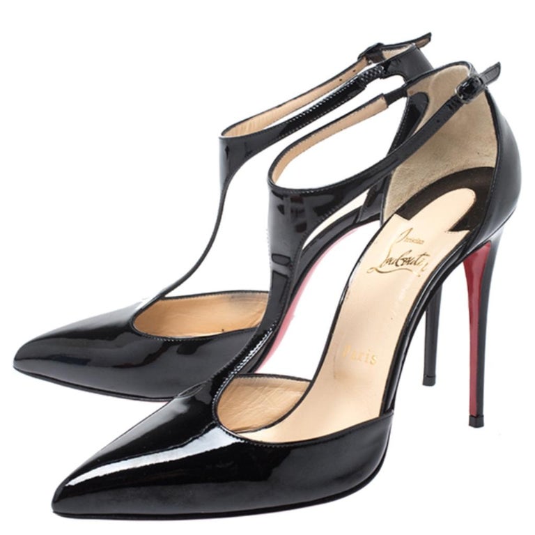 Christian Louboutin Black Patent J String T Strap Pumps