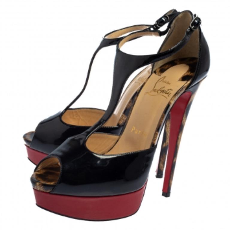 Christian Louboutin Black Patent Jilopa T Strap Platform Sandals Size 37.5 For Sale 1