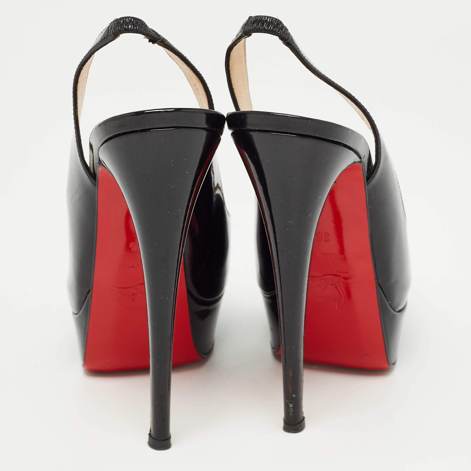 Christian Louboutin Black Patent Lady Peep Slingback Sandals Size 36.5 In Good Condition For Sale In Dubai, Al Qouz 2