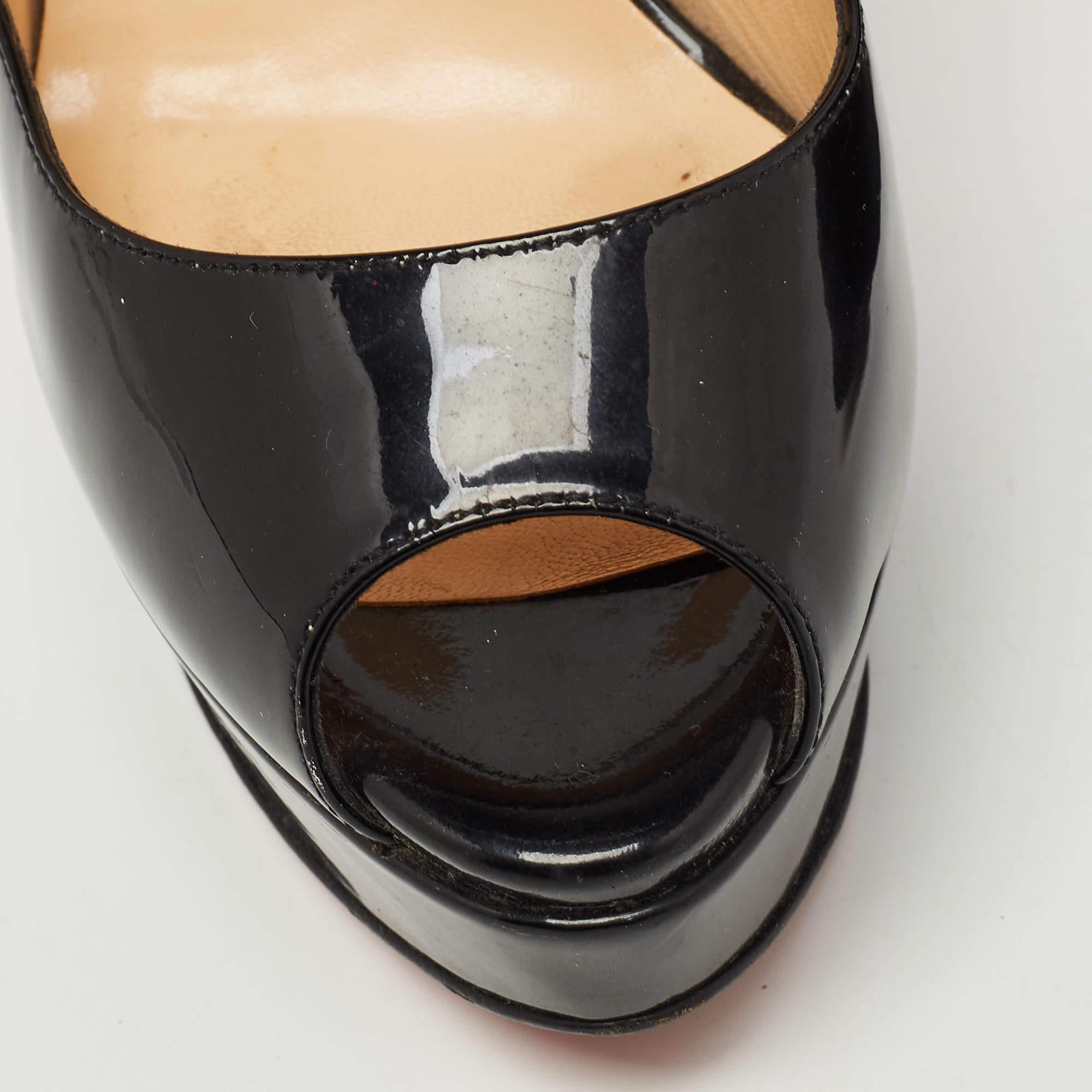 Women's Christian Louboutin Black Patent Lady Peep Slingback Sandals Size 36.5 For Sale
