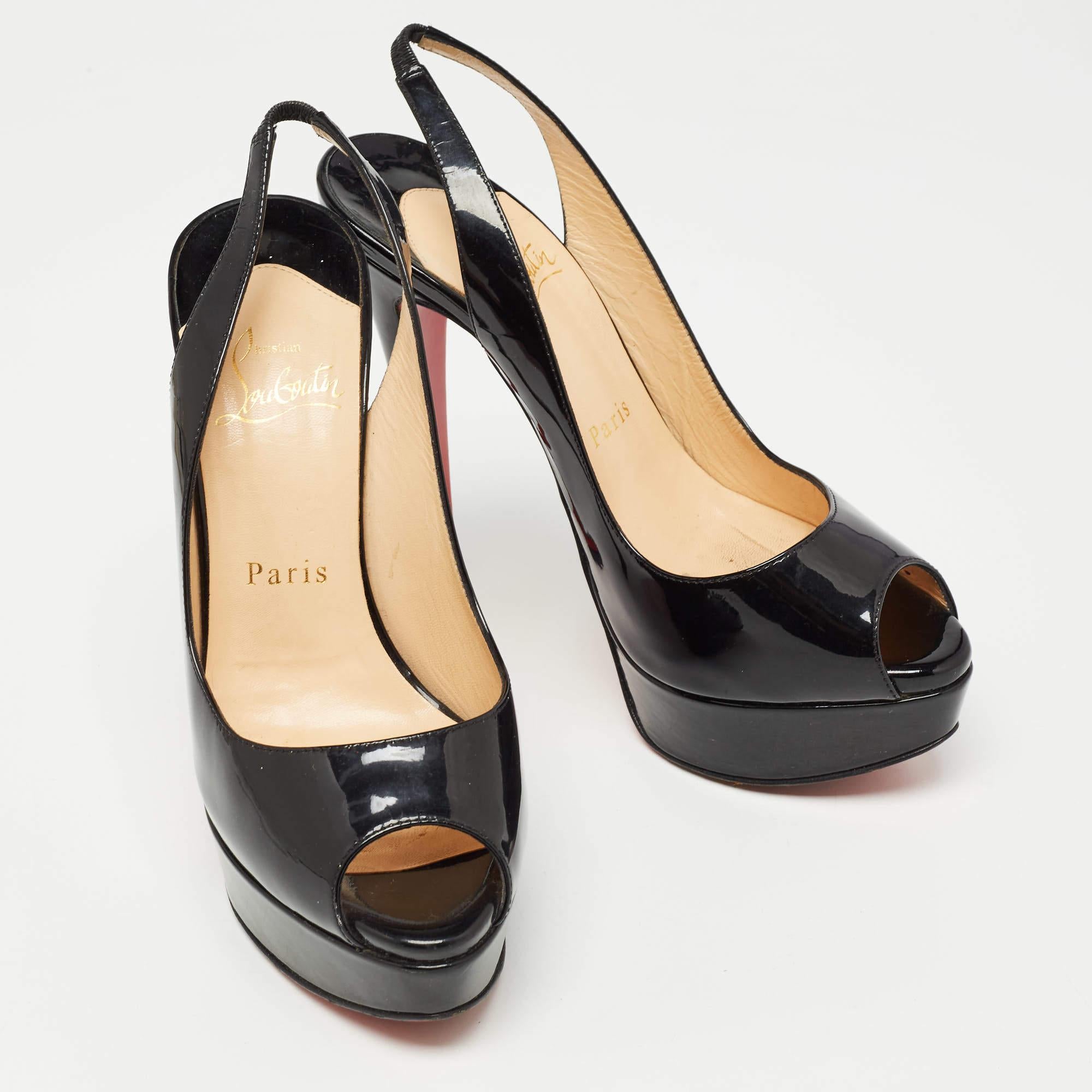 Christian Louboutin Black Patent Lady Peep Slingback Sandals Size 36.5 For Sale 1