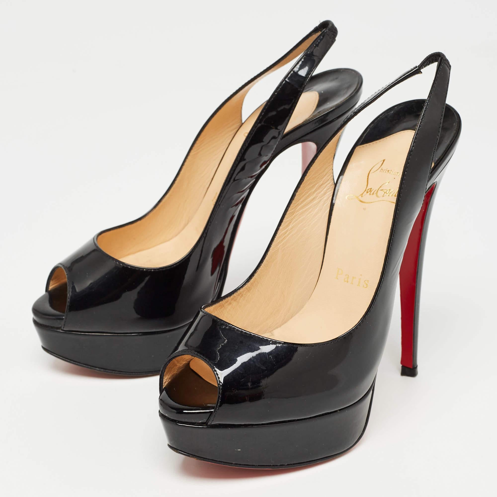 Christian Louboutin Black Patent Lady Peep Slingback Sandals Size 36.5 For Sale 2