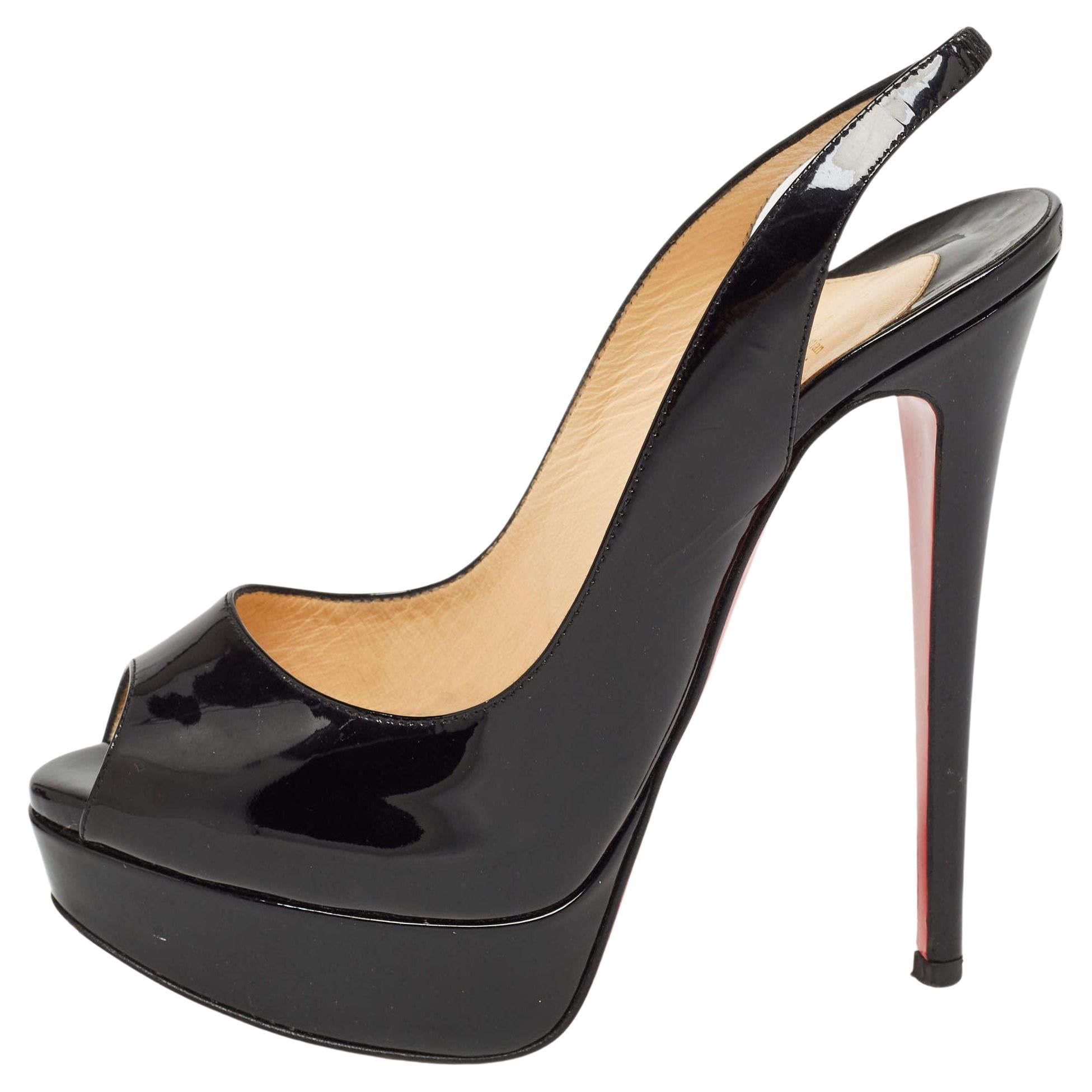 Christian Louboutin Black Patent Lady Peep Slingback Sandals Size 36.5 For Sale