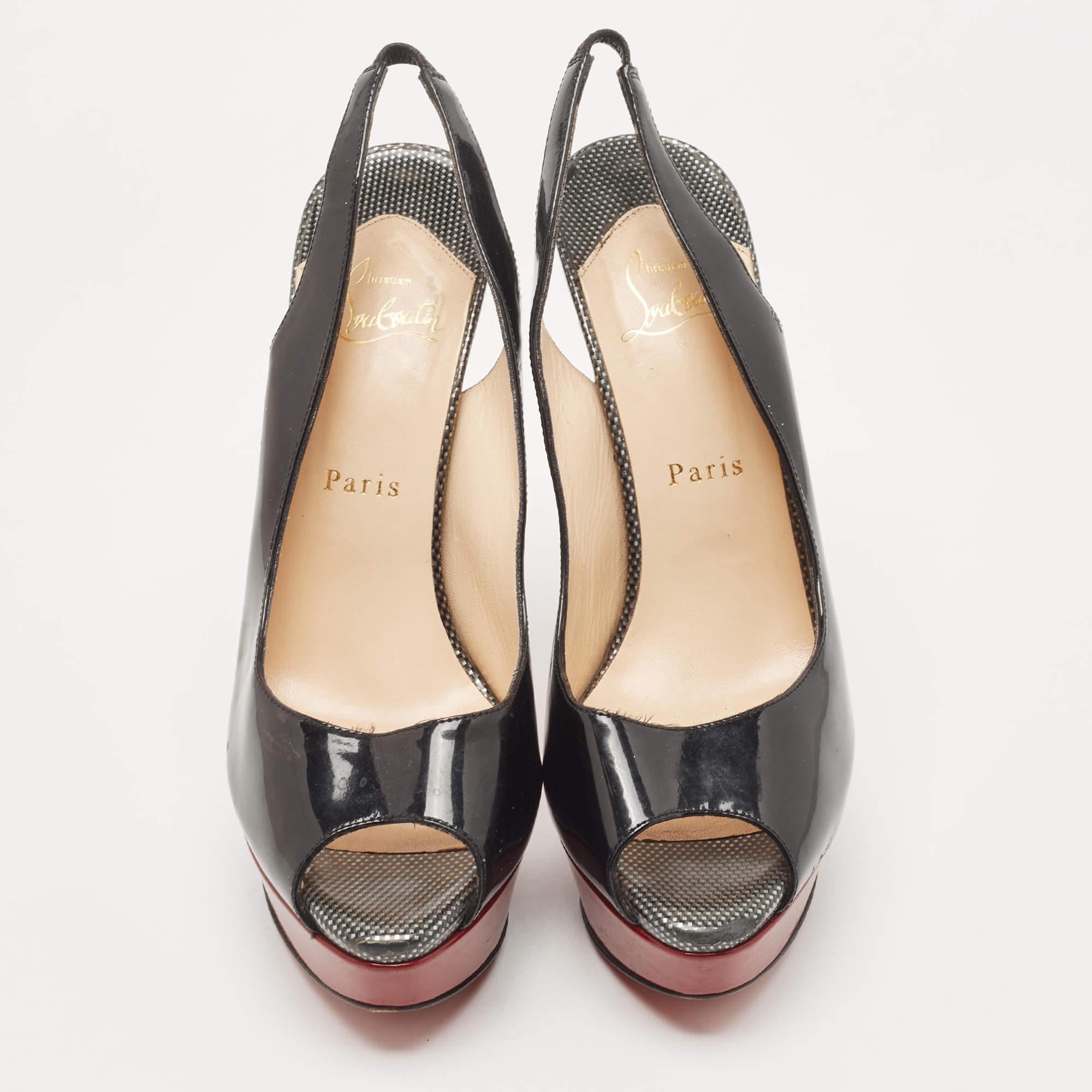 Christian Louboutin Black Patent Lady Peep Slingback Sandals Size 39.5 In Good Condition For Sale In Dubai, Al Qouz 2