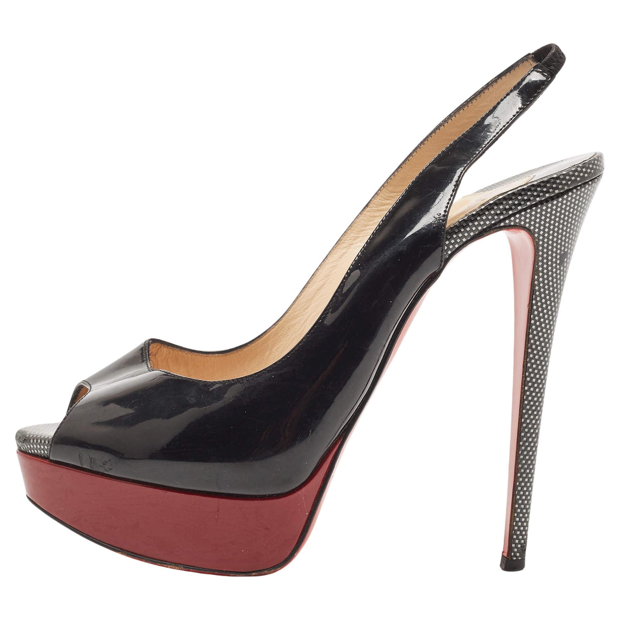 Christian Louboutin Black Patent Lady Peep Slingback Sandals Size 39.5 For Sale