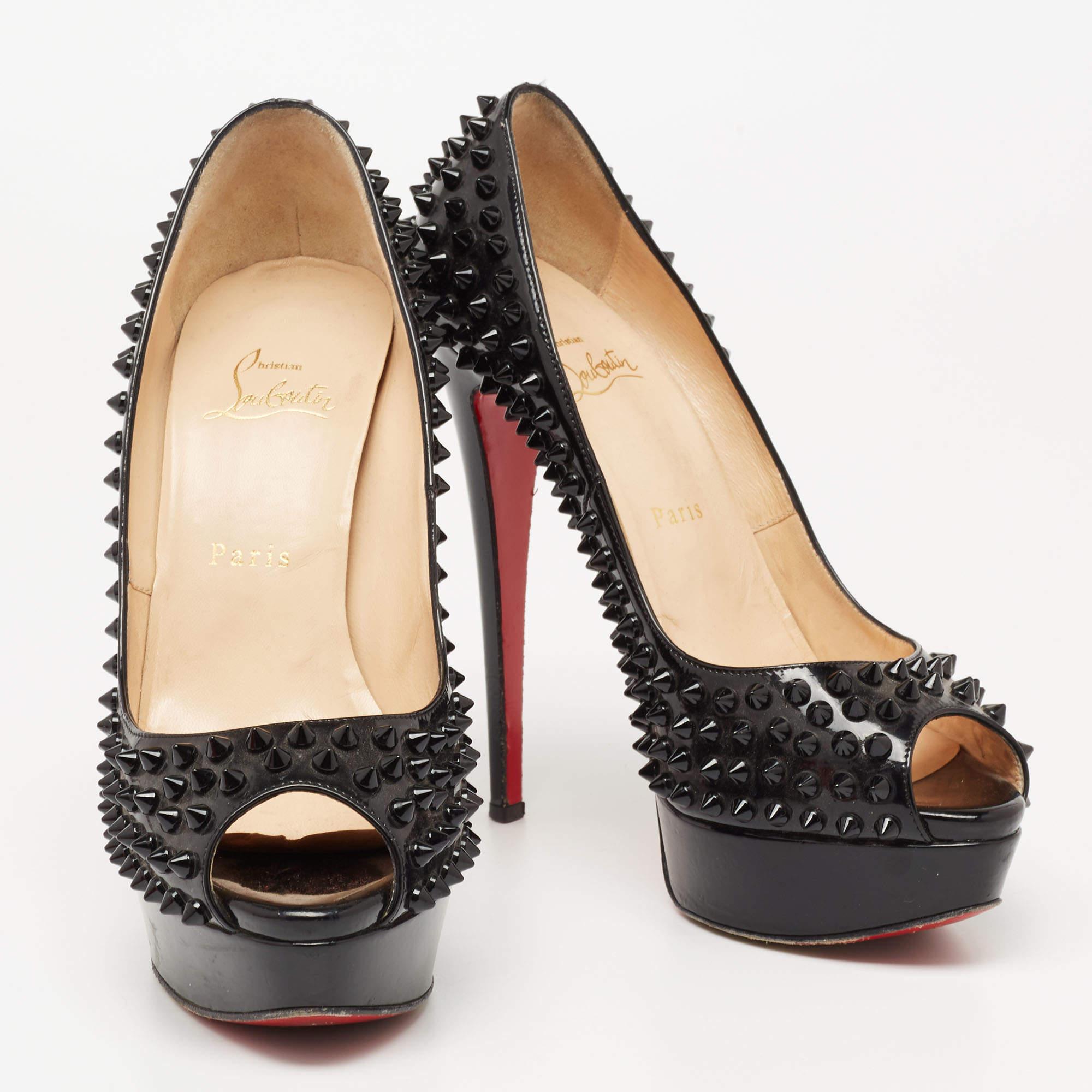 Women's Christian Louboutin Black Patent Lady Peep Spikes Platform Pumps Size 39.5 For Sale