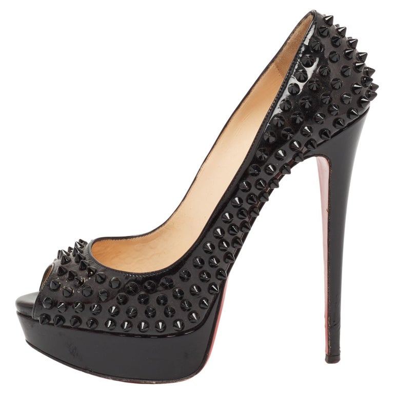 Christian Louboutin Lady Peep Spikes 150 Patent Black Heels Size 41 EUR
