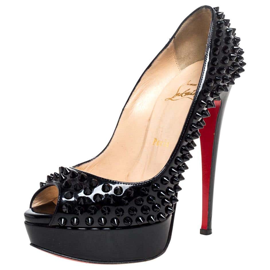 Christian Louboutin Black Patent Lady Peep Toe Spike Platform Pumps Size 36.5 at 1stDibs
