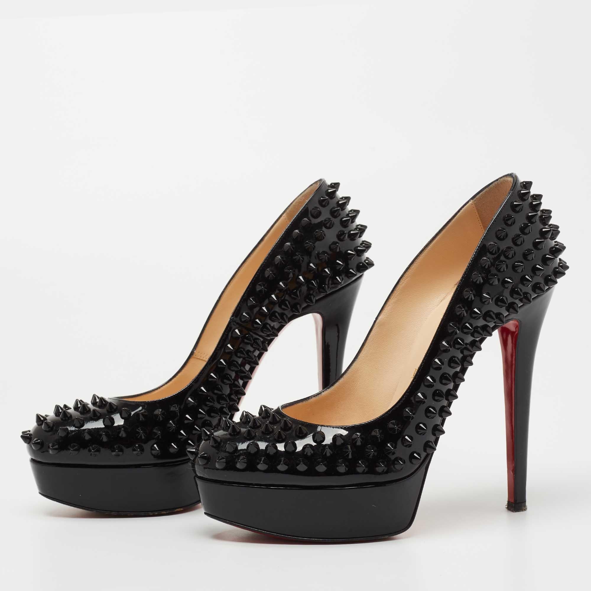 Women's Christian Louboutin Black Patent Leather Alti Spikes Pumps Size 37