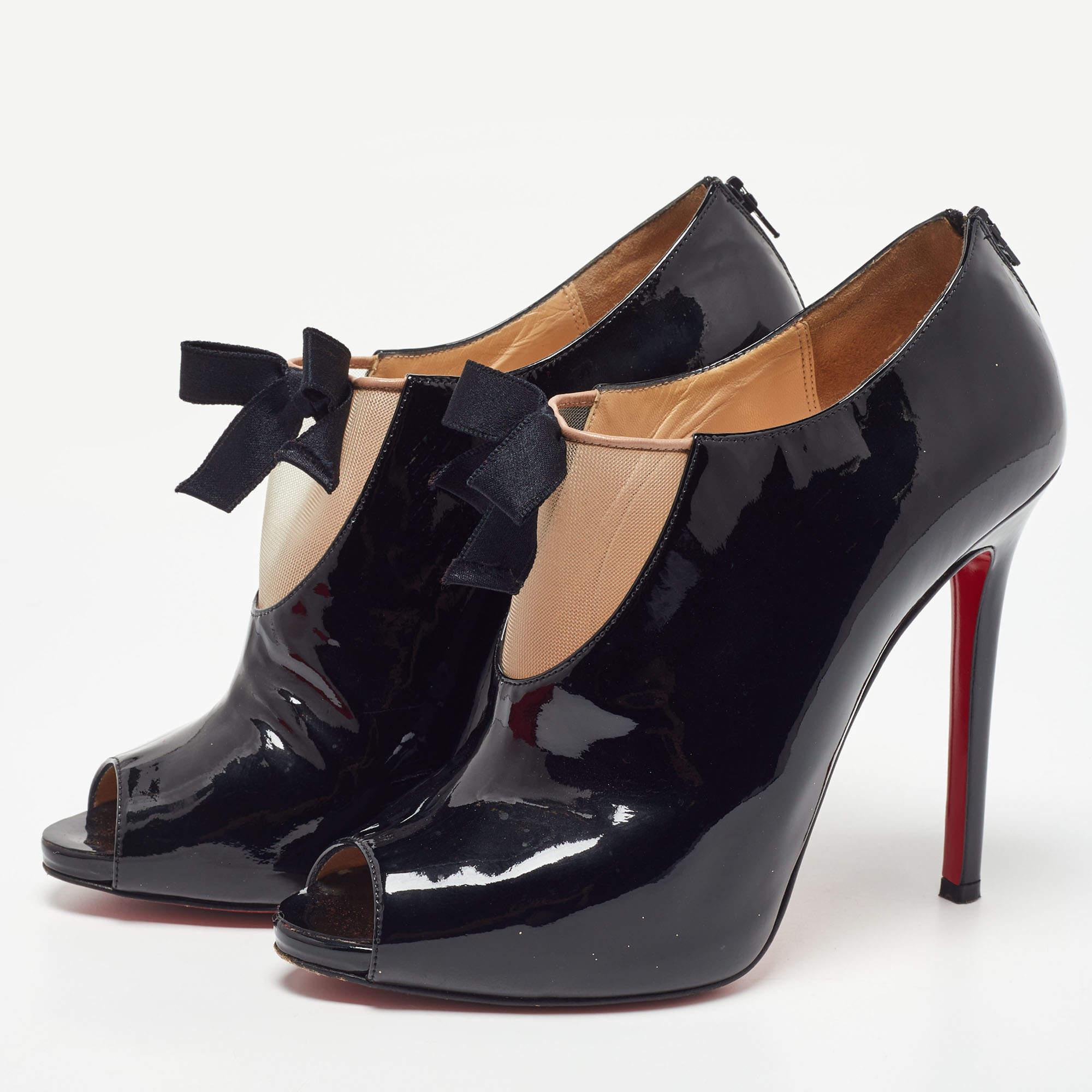Christian Louboutin Black Patent Leather and Mesh Ankle Booties  For Sale 1