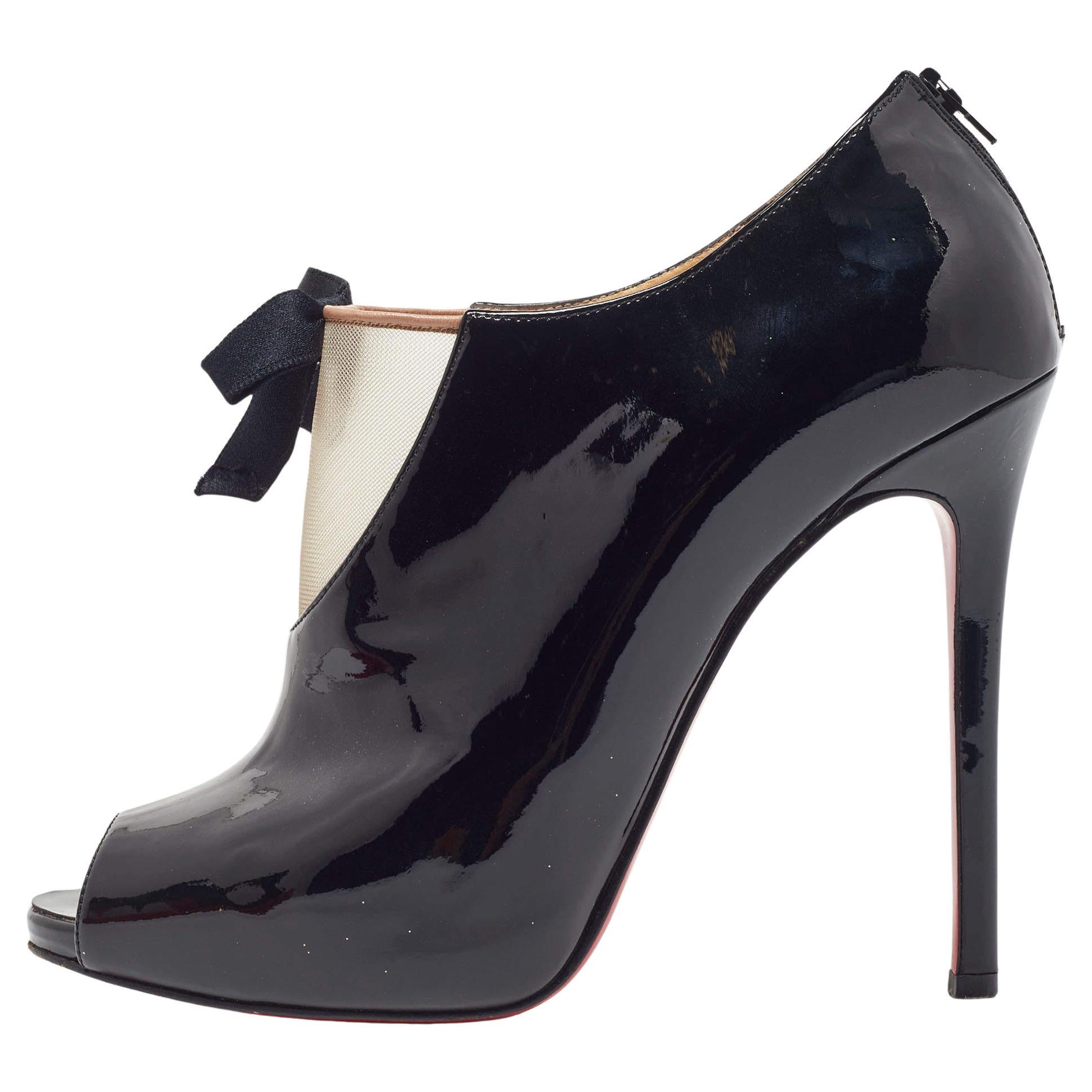 Christian Louboutin Black Patent Leather and Mesh Ankle Booties  For Sale