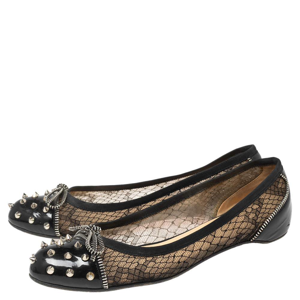 Women's Christian Louboutin Black Patent Leather And Mesh Spike Ballet Flats Size 39