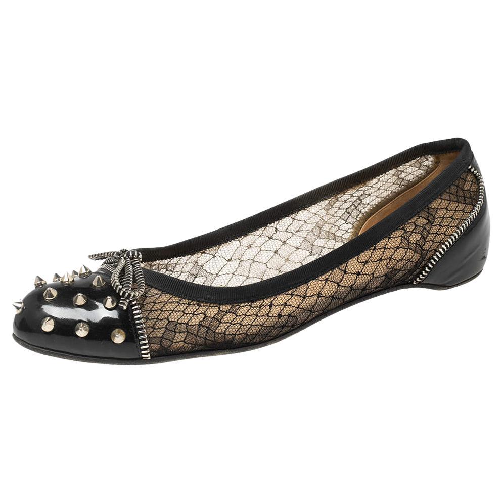 Christian Louboutin Black Patent Leather And Mesh Spike Ballet Flats Size 39