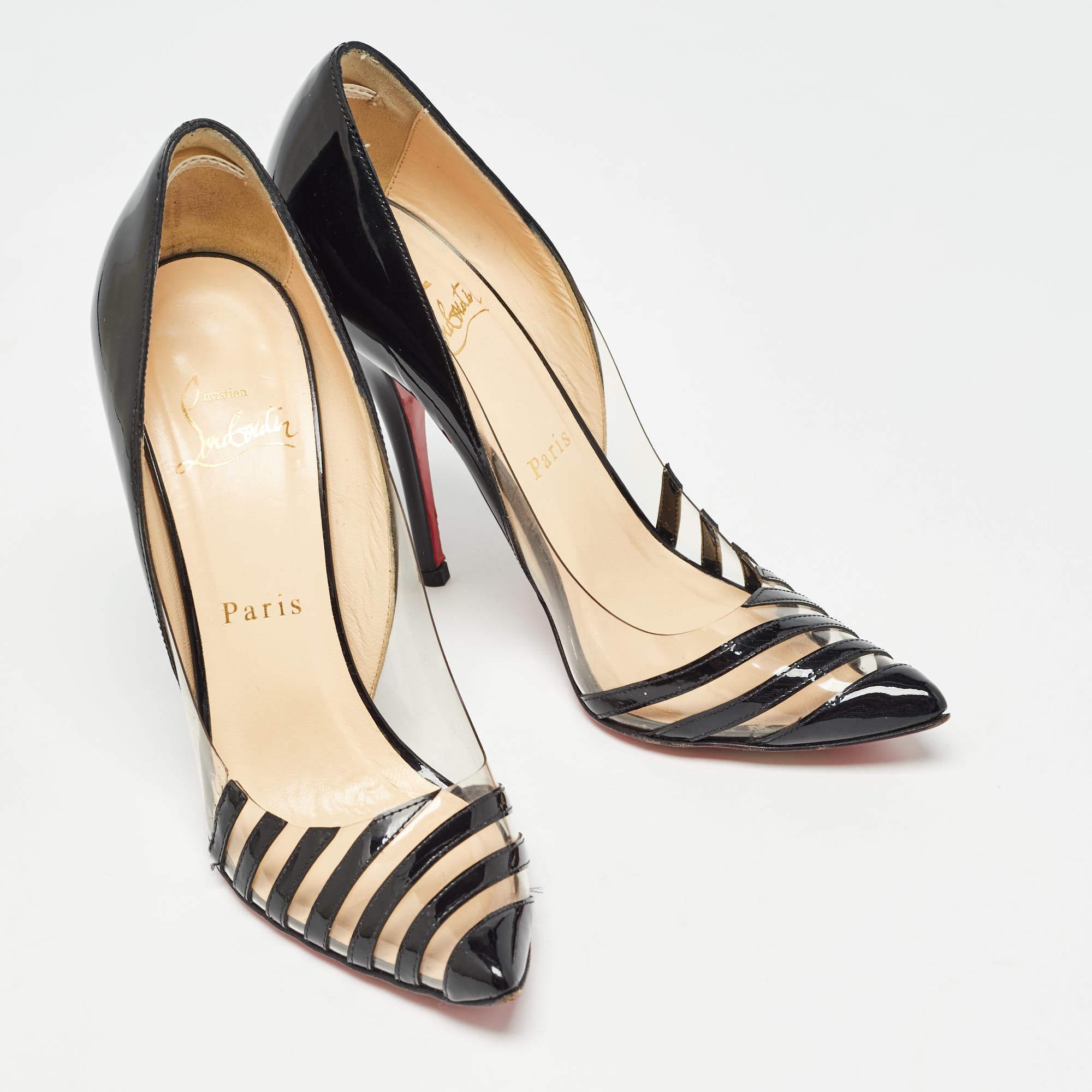 Women's Christian Louboutin Black Patent Leather and PVC Pivichic Pumps Size 35.5