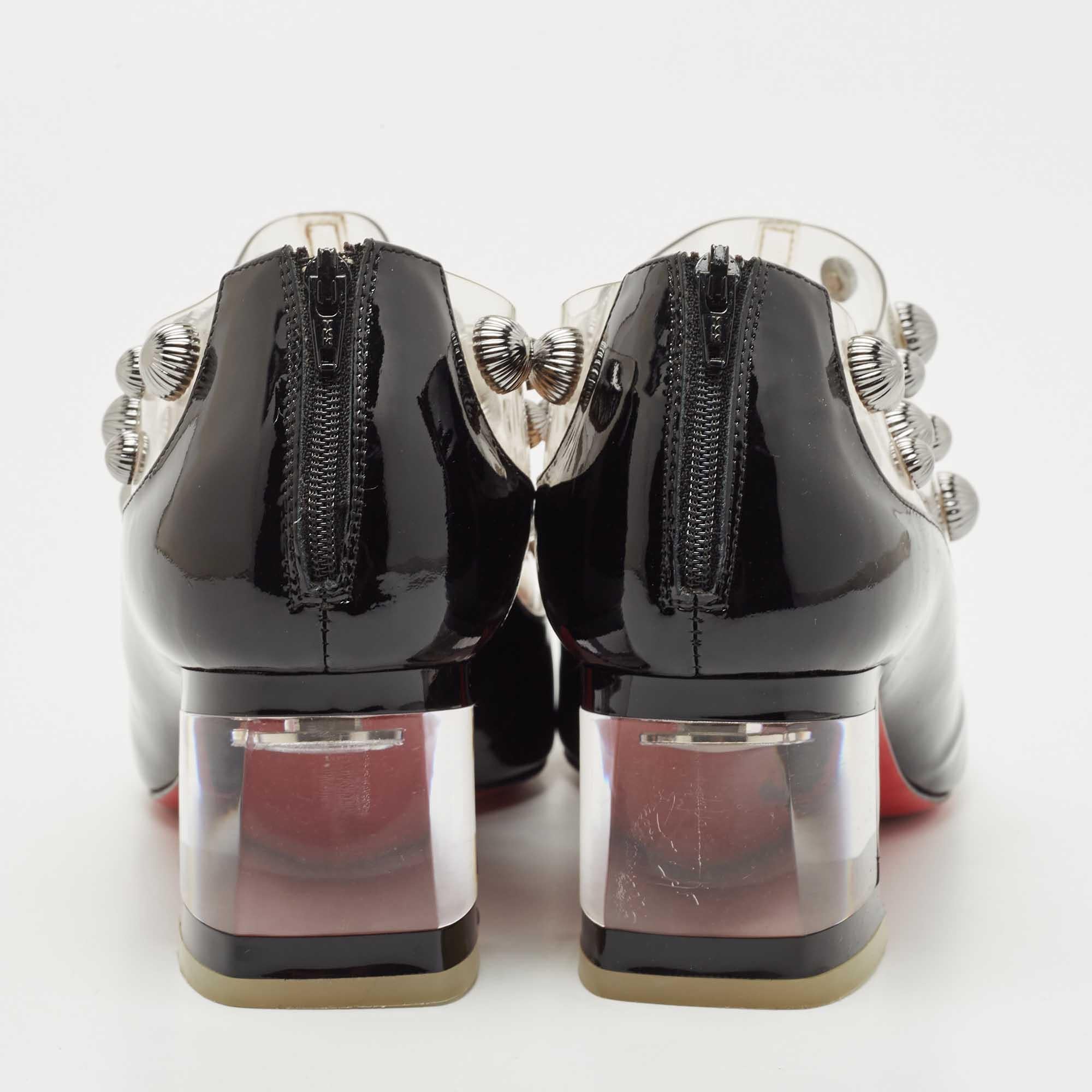 Christian Louboutin Black Patent Leather and PVC Space Odd Boots Size 38 In Good Condition In Dubai, Al Qouz 2