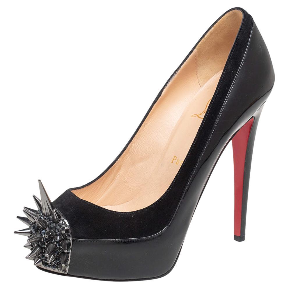 Christian Louboutin Black Patent Leather and Suede Asteroid Spikes Pumps Size 37 For Sale