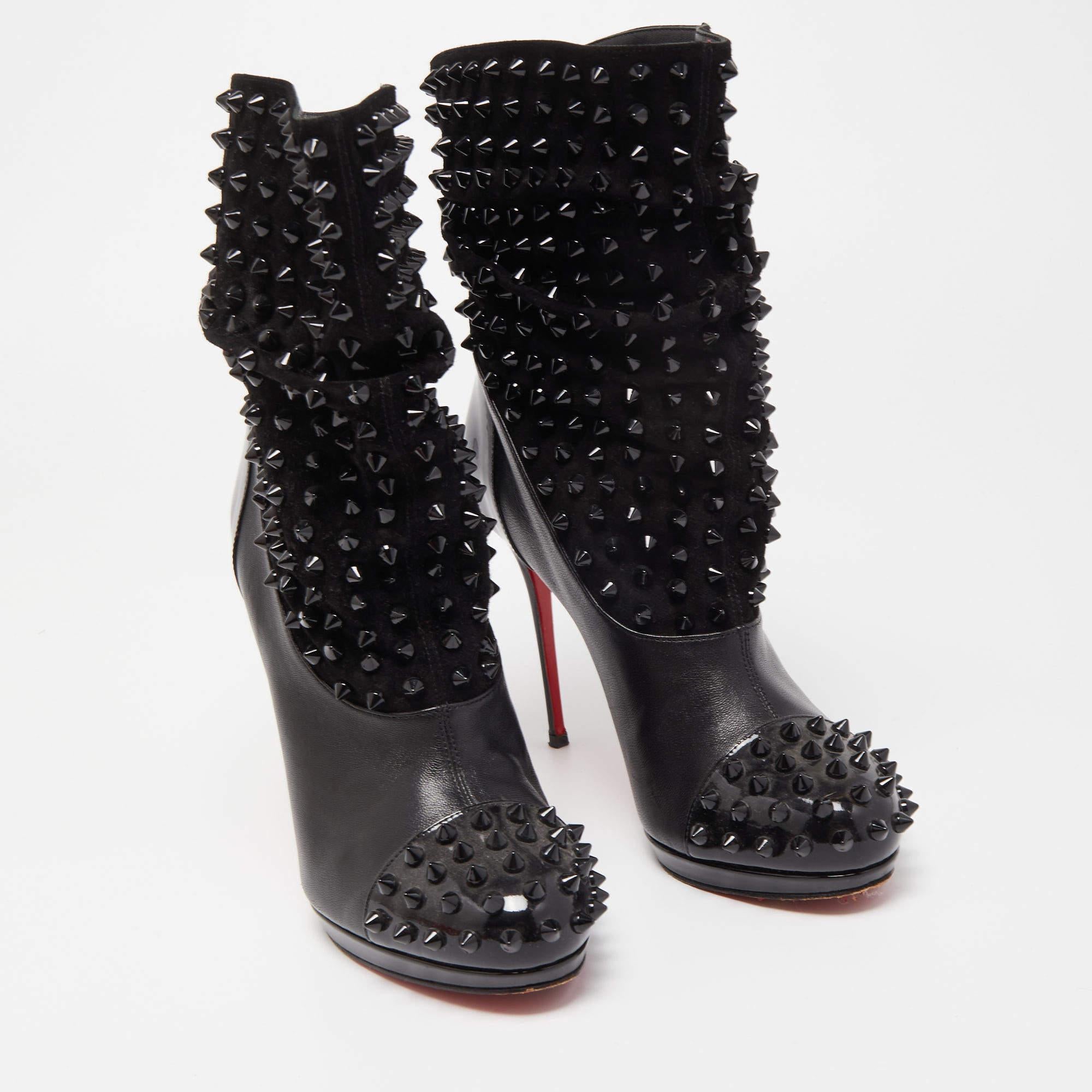 Christian Louboutin Black Patent Leather and Suede Spike Wars Ankle Boots  For Sale 6