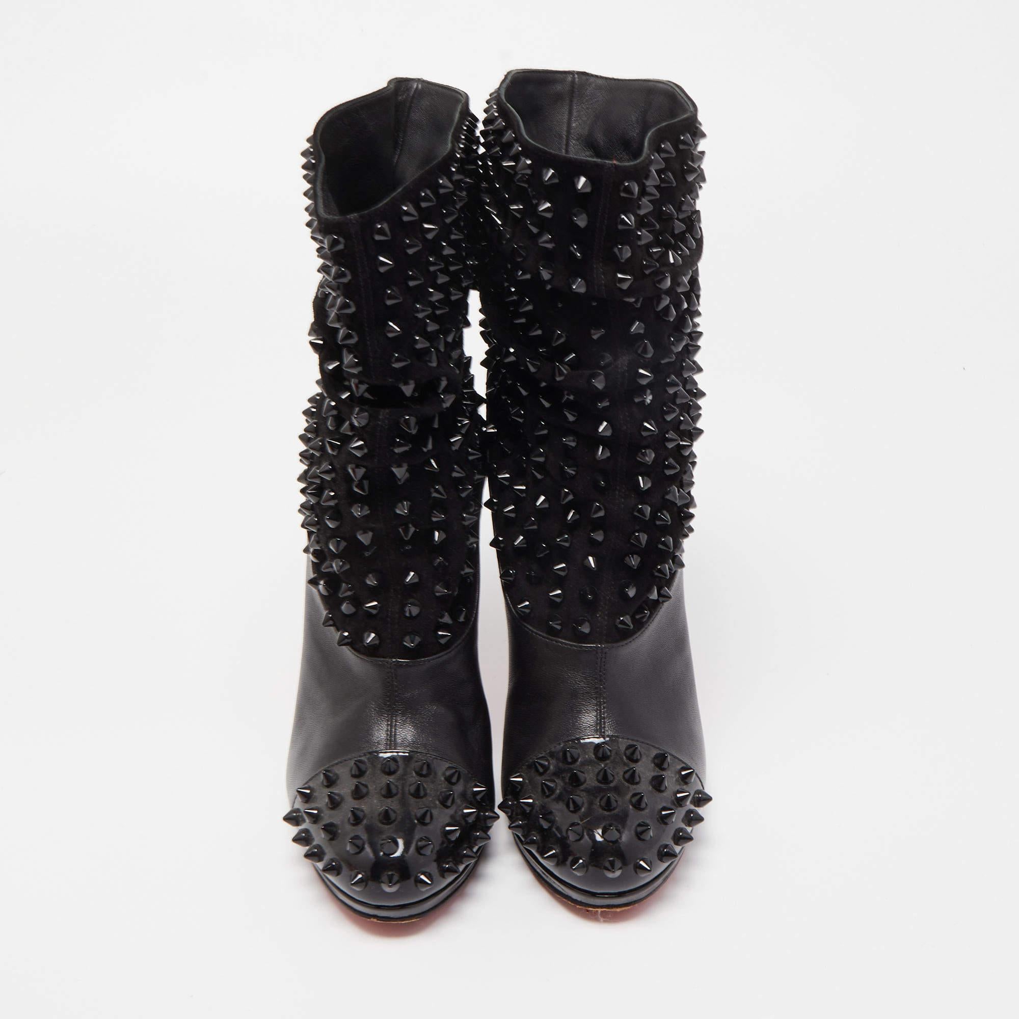 Women's Christian Louboutin Black Patent Leather and Suede Spike Wars Ankle Boots  For Sale