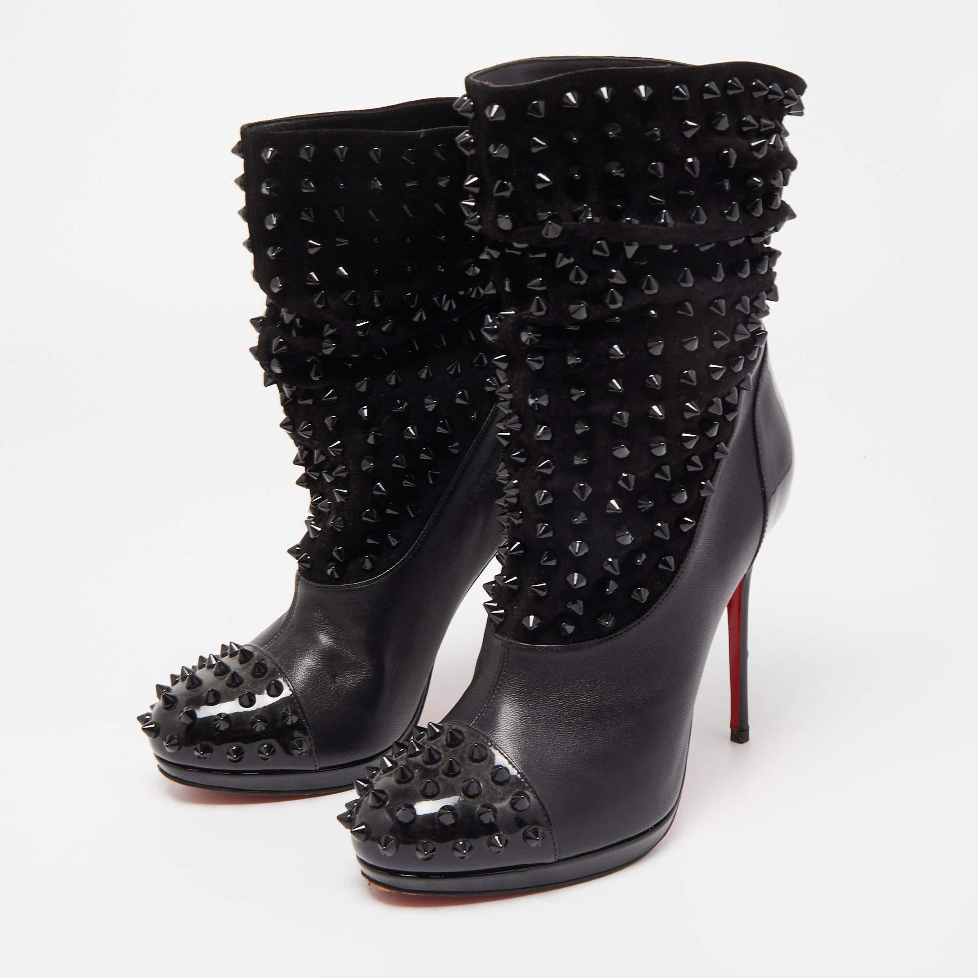 Christian Louboutin Black Patent Leather and Suede Spike Wars Ankle Boots  For Sale 3