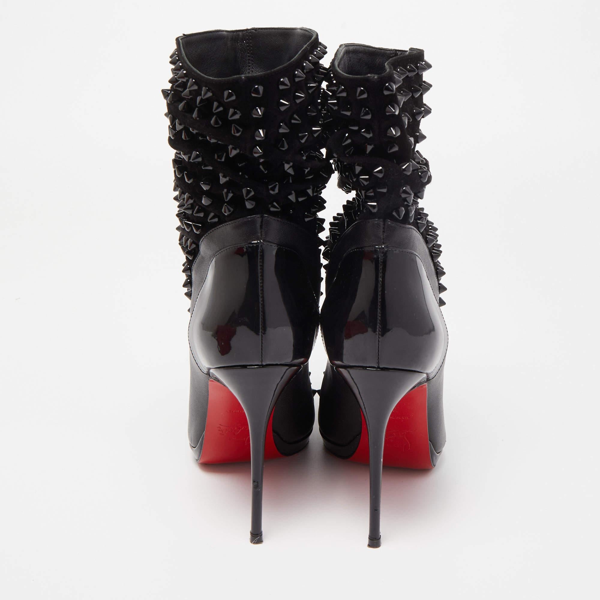 Christian Louboutin Black Patent Leather and Suede Spike Wars Ankle Boots  For Sale 4