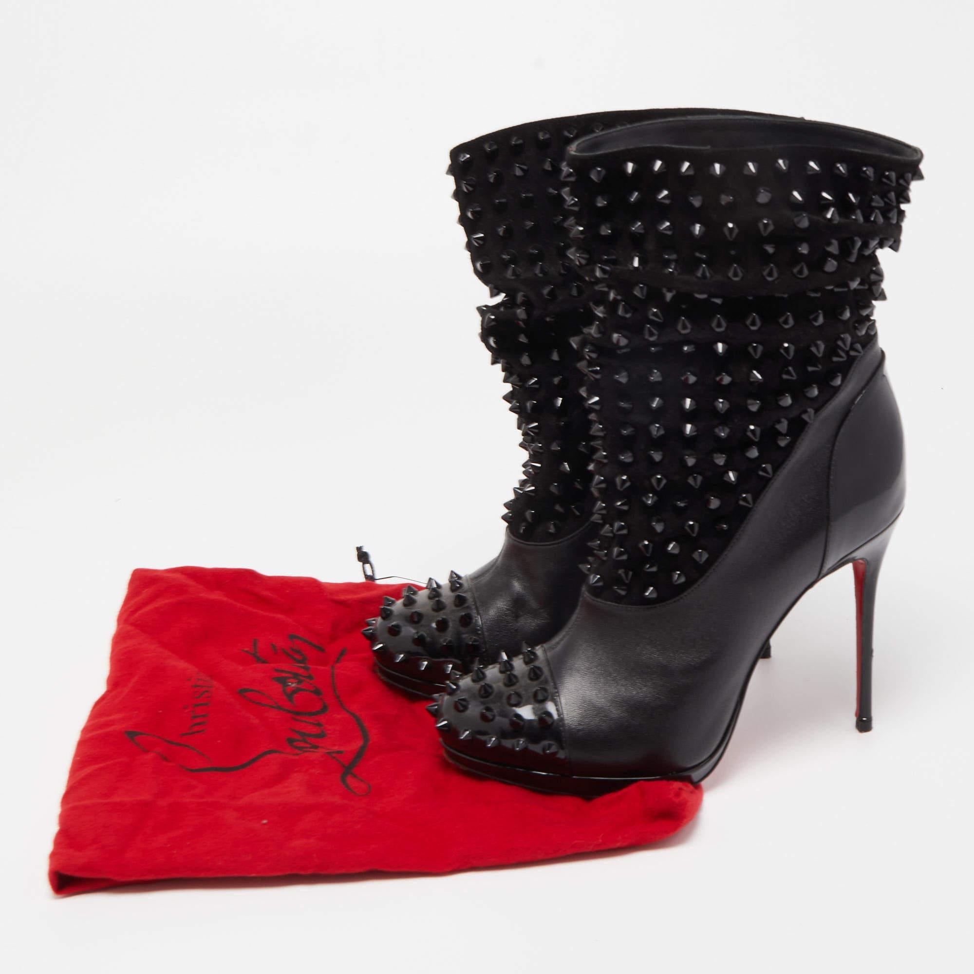 Christian Louboutin Black Patent Leather and Suede Spike Wars Ankle Boots  For Sale 5