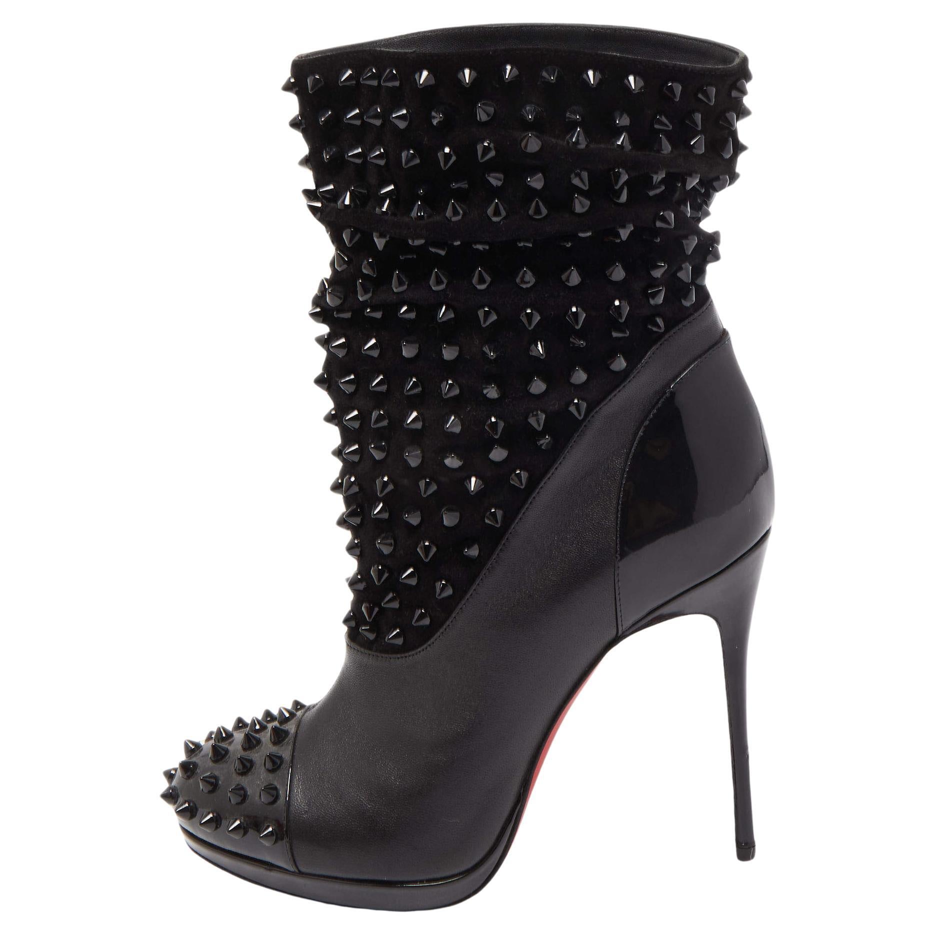 Christian Louboutin Black Patent Leather and Suede Spike Wars Ankle Boots  For Sale