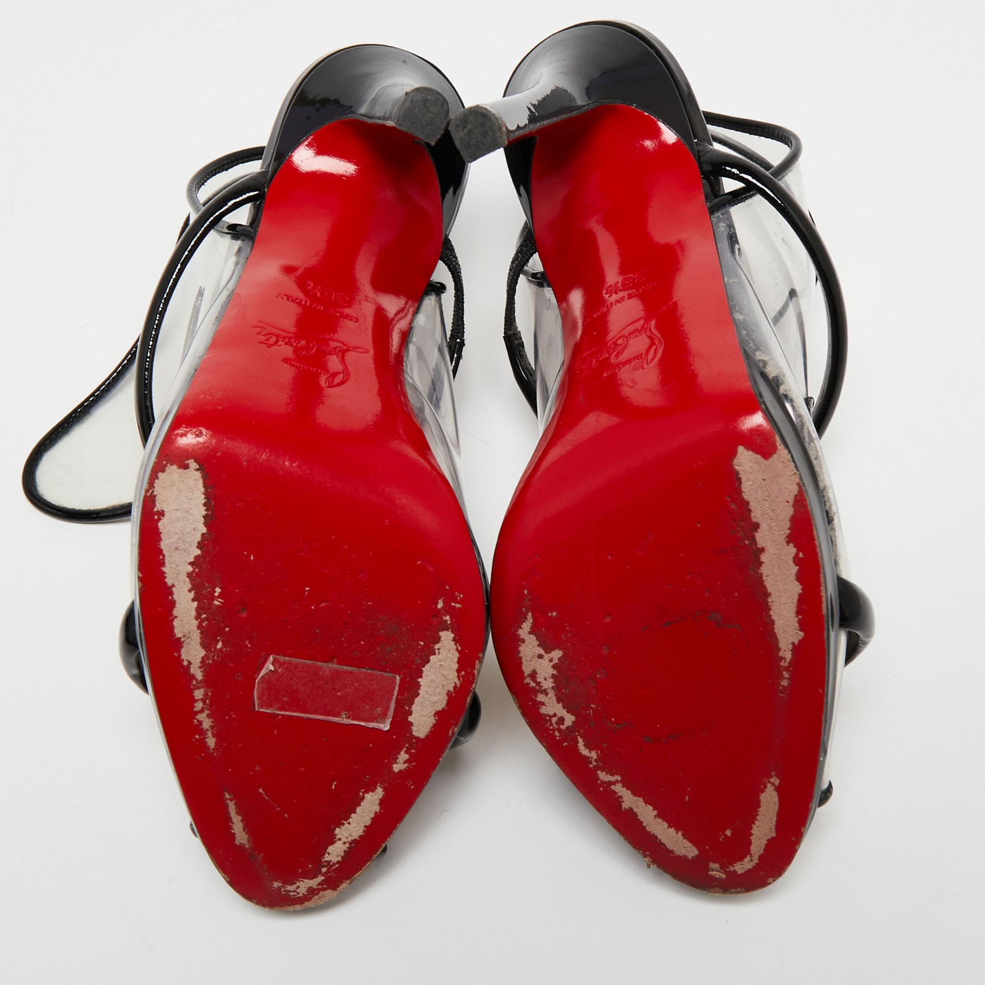 Christian Louboutin Black Patent Leather Aqua Ronda Slingback Sandals Size 36.5 For Sale 4