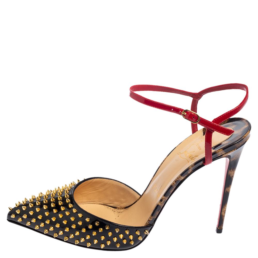 Women's Christian Louboutin Black Patent Leather Baila Spike Ankle Strap Sandals Size 39