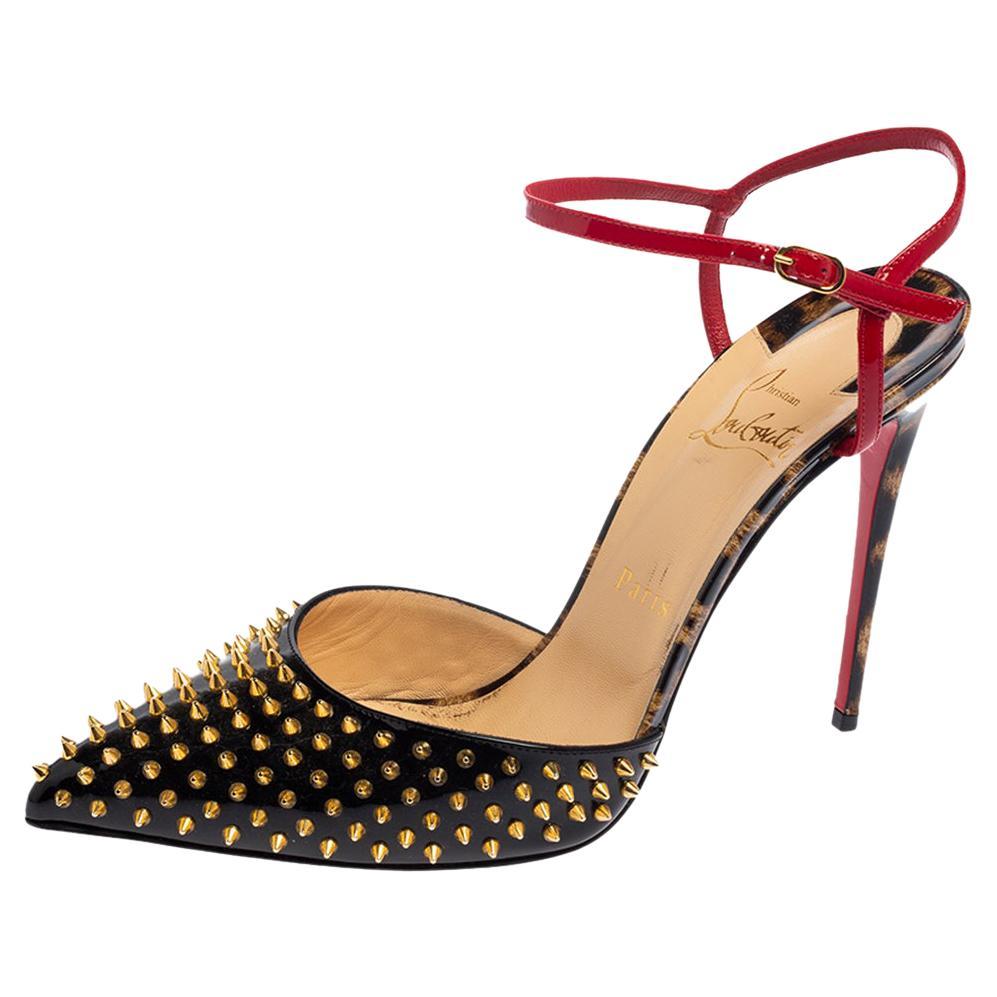Christian Louboutin Black Patent Leather Baila Spike Ankle Strap Sandals Size 39