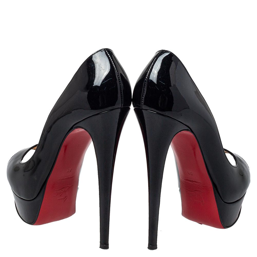 Christian Louboutin Black Patent Leather Banana Peep Toe Platform Pumps Size 38 In Good Condition In Dubai, Al Qouz 2