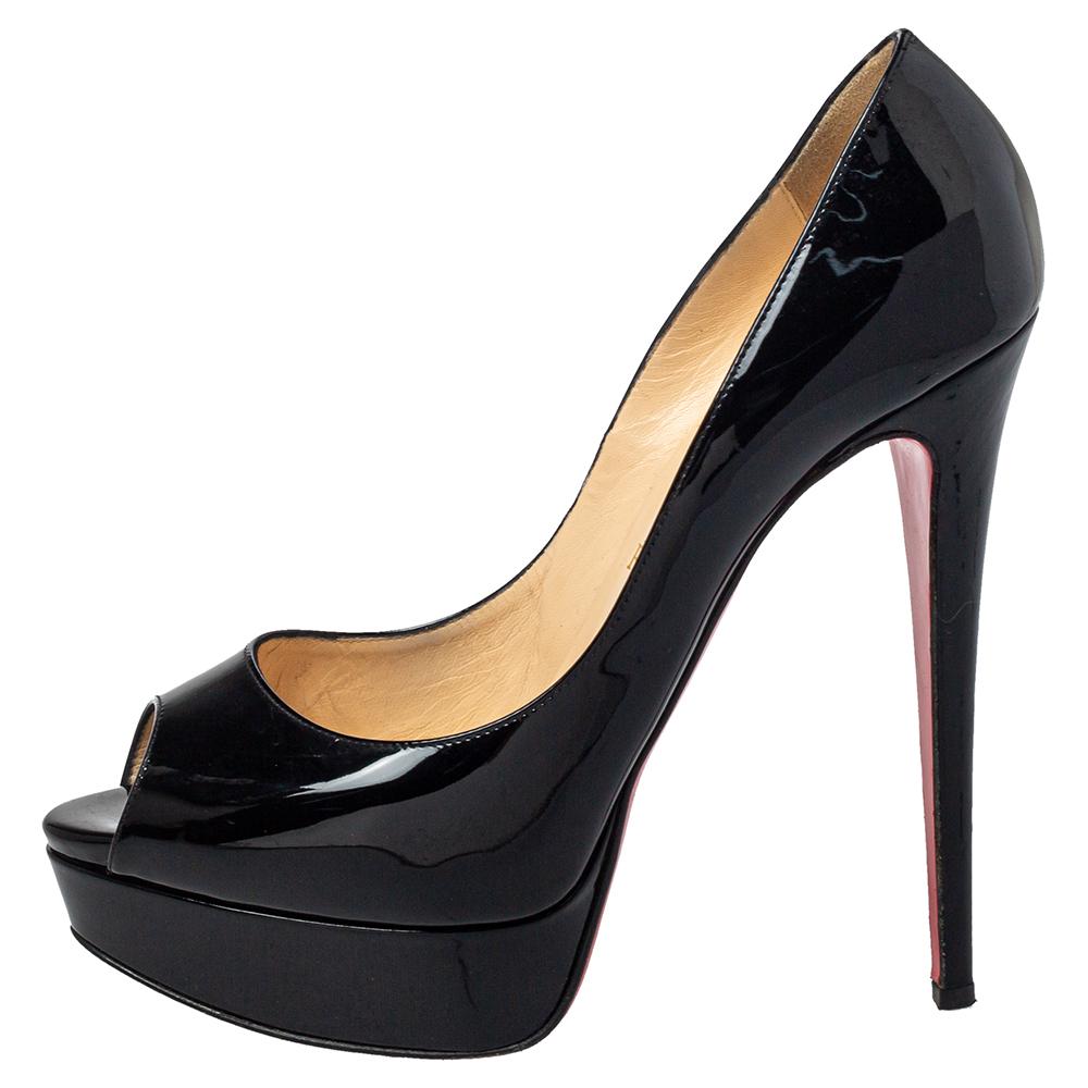 Christian Louboutin Black Patent Leather Banana Peep Toe Platform Pumps Size 38 1