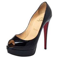 Christian Louboutin Black Patent Leather Banana Peep Toe Platform Pumps Size 38