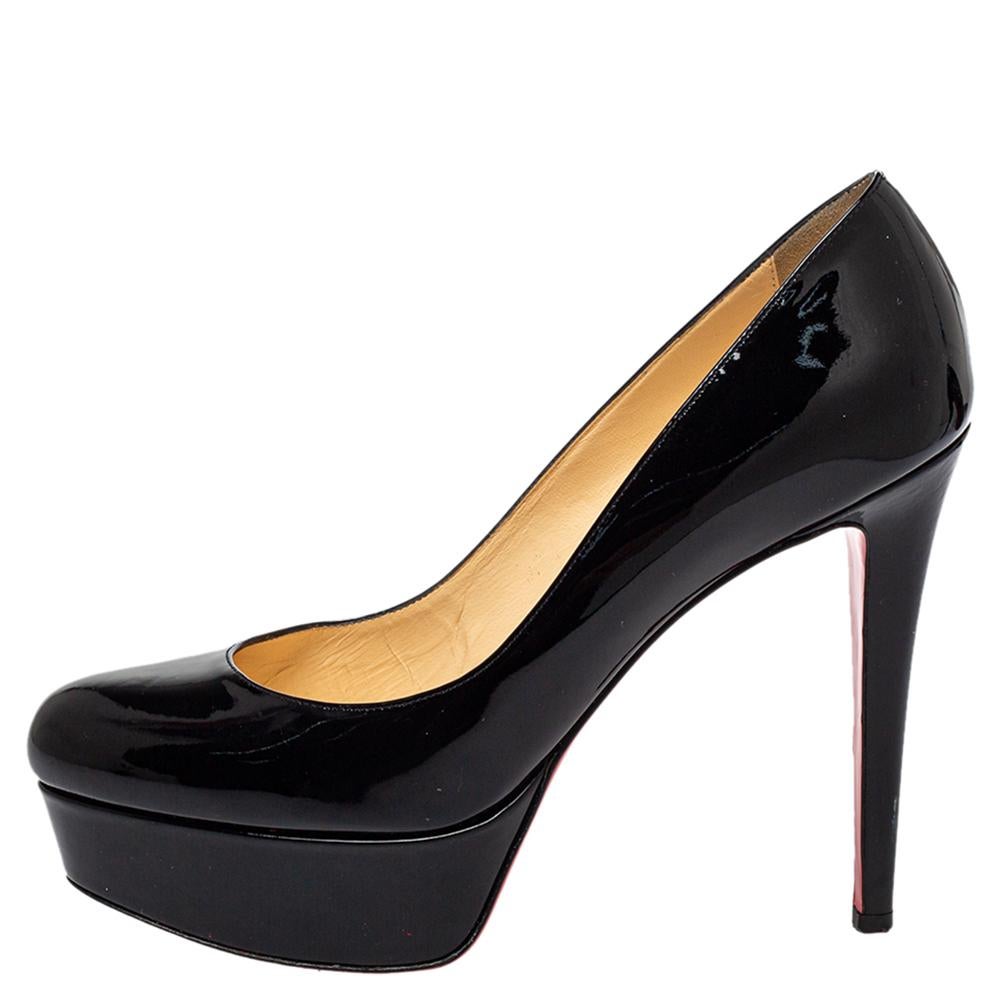 A classic to add to one's shoe collection is this pair. These Christian Louboutin beauties are covered in patent leather and styled with platforms, 12 cm heels, and the signature red soles. Add these pumps to your closet today and flaunt them with